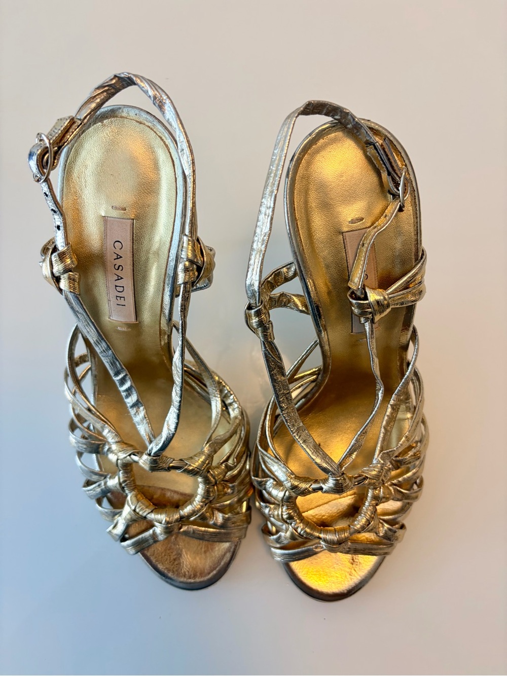 Casadei Metallic Gold Braided Strappy Heels Size 38